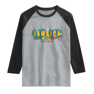Jamaica Est 1962 Tropical Independence Raglan Shirt Doctor Bird and Hibiscus Botanical Travel Souvenir TS02 Heather Gray Black Print Your Wear