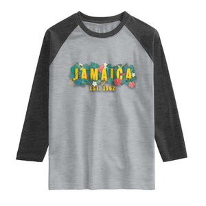 Jamaica Est 1962 Tropical Independence Raglan Shirt Doctor Bird and Hibiscus Botanical Travel Souvenir TS02 Heather Gray Heather Charcoal Print Your Wear