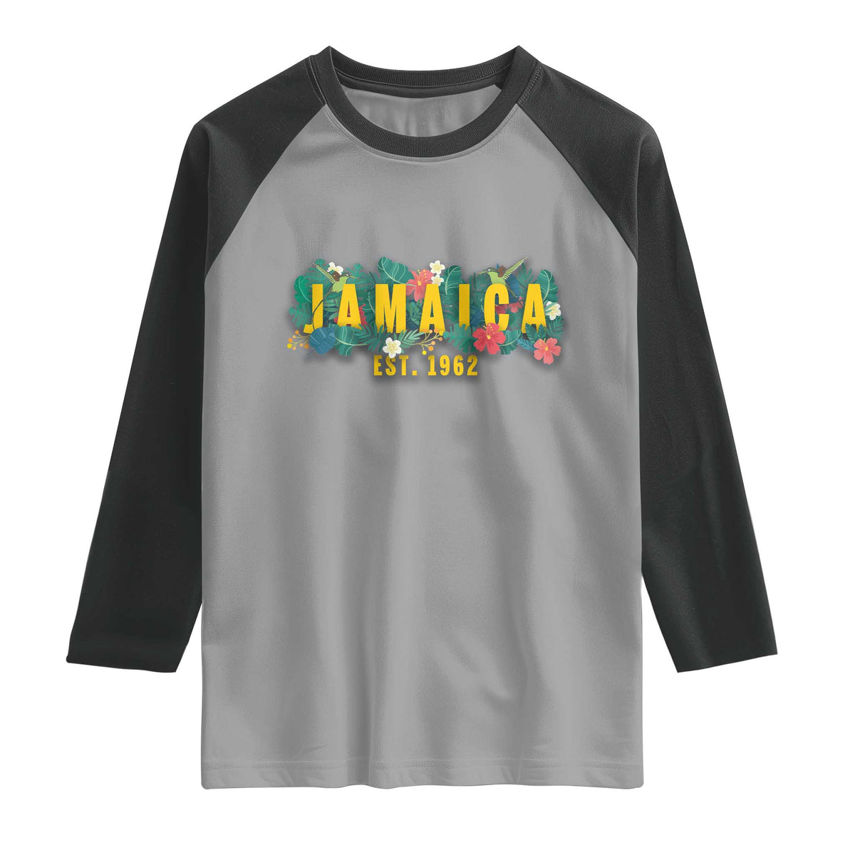 Jamaica Est 1962 Tropical Independence Raglan Shirt Doctor Bird and Hibiscus Botanical Travel Souvenir TS02 Sport Gray Black Print Your Wear