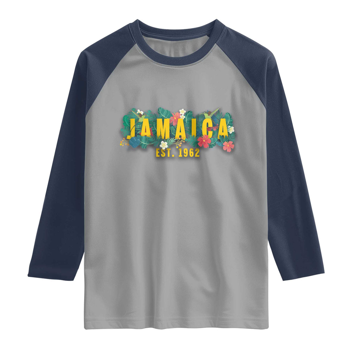 Jamaica Est 1962 Tropical Independence Raglan Shirt Doctor Bird and Hibiscus Botanical Travel Souvenir TS02 Sport Gray Navy Print Your Wear