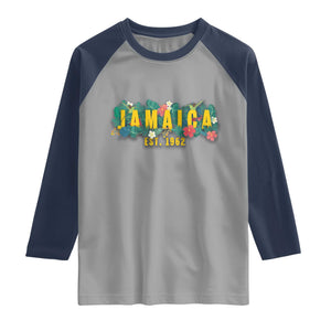 Jamaica Est 1962 Tropical Independence Raglan Shirt Doctor Bird and Hibiscus Botanical Travel Souvenir TS02 Sport Gray Navy Print Your Wear