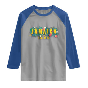 Jamaica Est 1962 Tropical Independence Raglan Shirt Doctor Bird and Hibiscus Botanical Travel Souvenir TS02 Sport Gray Royal Print Your Wear