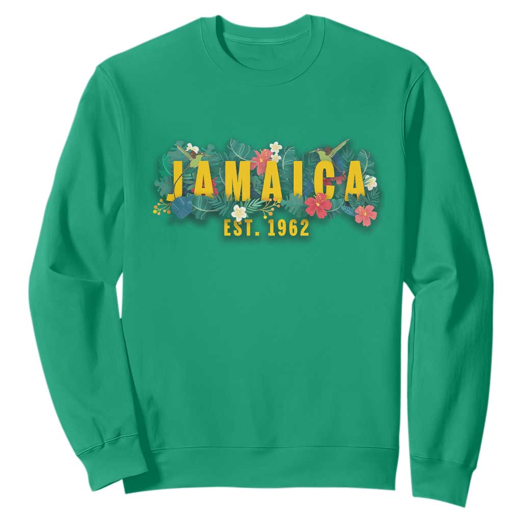 Jamaica Est 1962 Tropical Independence Sweatshirt Doctor Bird and Hibiscus Botanical Travel Souvenir TS02 Irish Green Print Your Wear