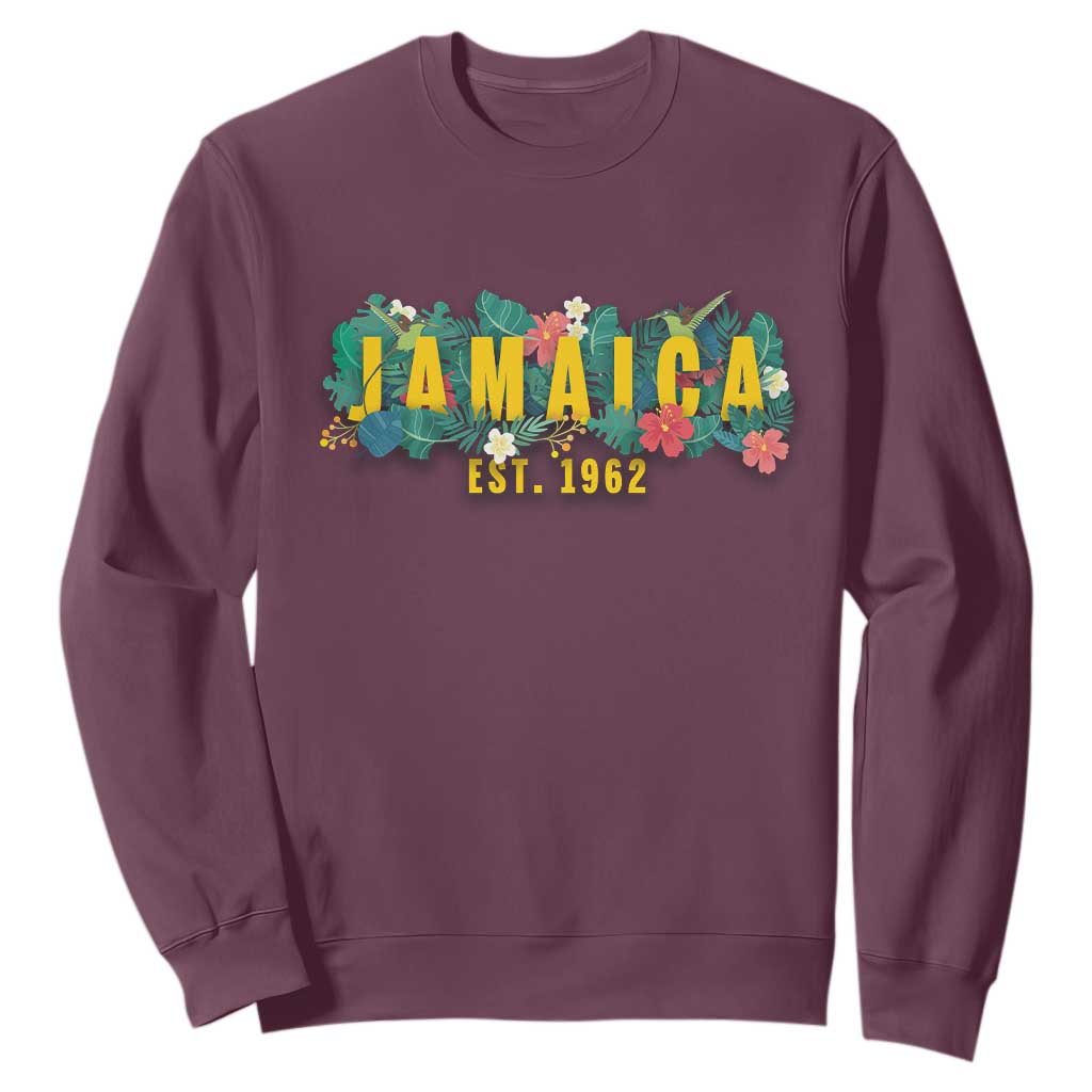 Jamaica Est 1962 Tropical Independence Sweatshirt Doctor Bird and Hibiscus Botanical Travel Souvenir TS02 Maroon Print Your Wear