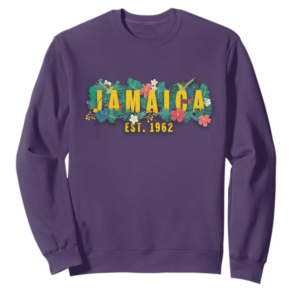 Jamaica Est 1962 Tropical Independence Sweatshirt Doctor Bird and Hibiscus Botanical Travel Souvenir TS02 Purple Print Your Wear