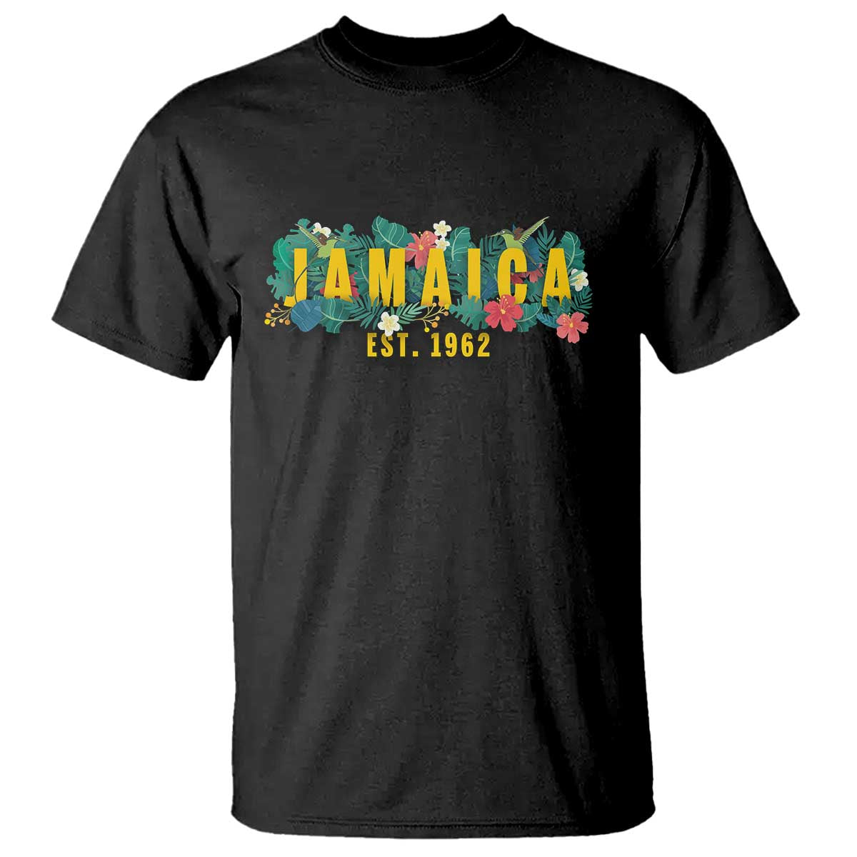 Jamaica Est 1962 Tropical Independence T Shirt Doctor Bird and Hibiscus Botanical Travel Souvenir TS02 Black Printyourwear