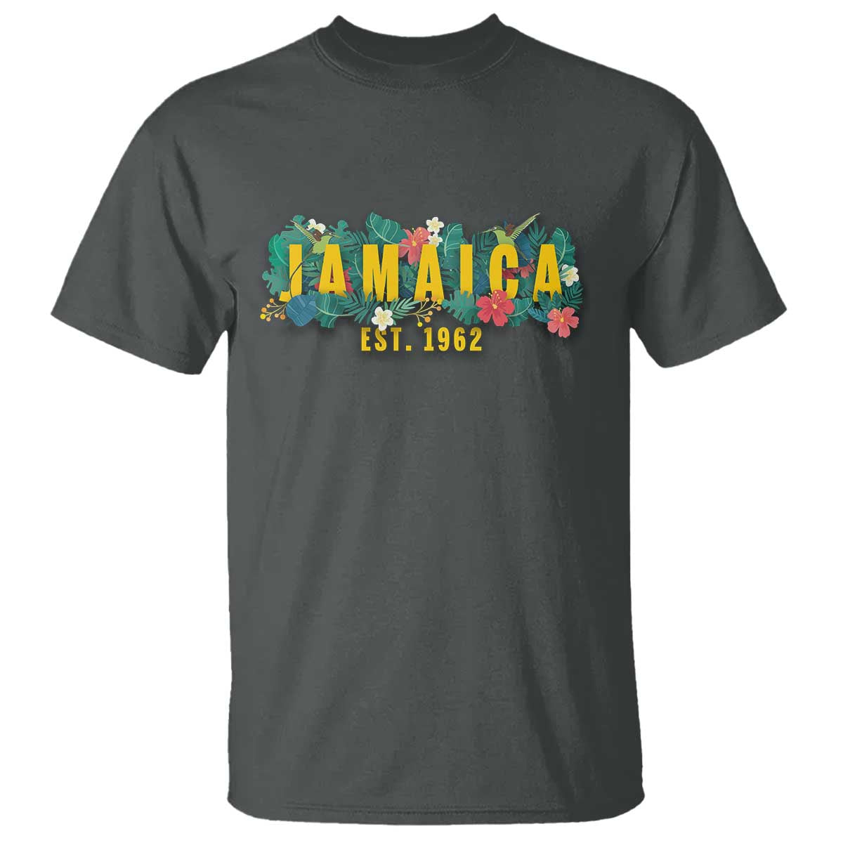 Jamaica Est 1962 Tropical Independence T Shirt Doctor Bird and Hibiscus Botanical Travel Souvenir TS02 Dark Heather Printyourwear