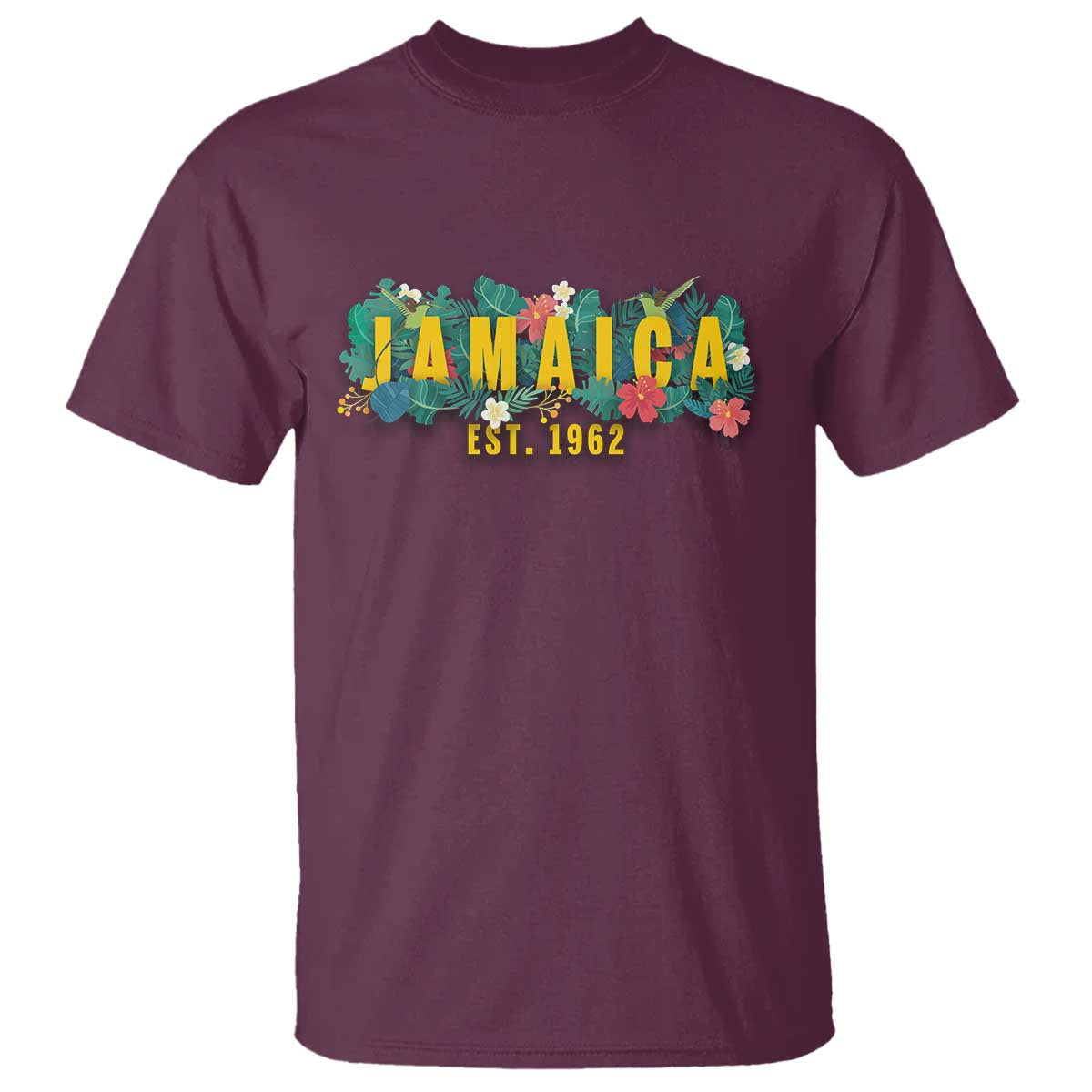 Jamaica Est 1962 Tropical Independence T Shirt Doctor Bird and Hibiscus Botanical Travel Souvenir TS02 Maroon Printyourwear