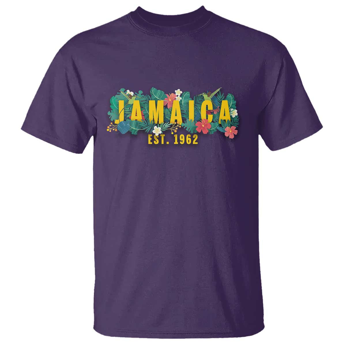 Jamaica Est 1962 Tropical Independence T Shirt Doctor Bird and Hibiscus Botanical Travel Souvenir TS02 Purple Printyourwear