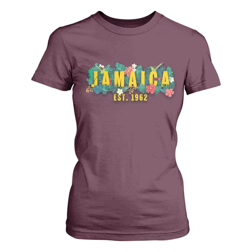 Jamaica Est 1962 Tropical Independence T Shirt For Women Doctor Bird and Hibiscus Botanical Travel Souvenir TS02 Maroon Print Your Wear