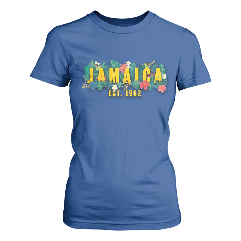 Jamaica Est 1962 Tropical Independence T Shirt For Women Doctor Bird and Hibiscus Botanical Travel Souvenir TS02 Royal Blue Print Your Wear