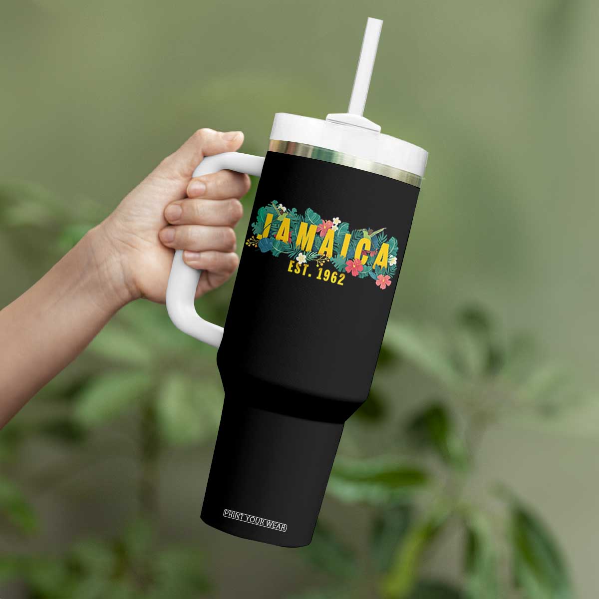 Jamaica Est 1962 Tropical Independence Tumbler With Handle Doctor Bird and Hibiscus Botanical Travel Souvenir TS02 Print Your Wear