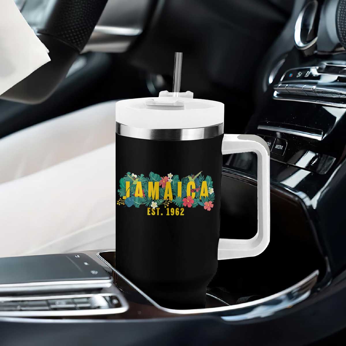 Jamaica Est 1962 Tropical Independence Tumbler With Handle Doctor Bird and Hibiscus Botanical Travel Souvenir TS02 Print Your Wear