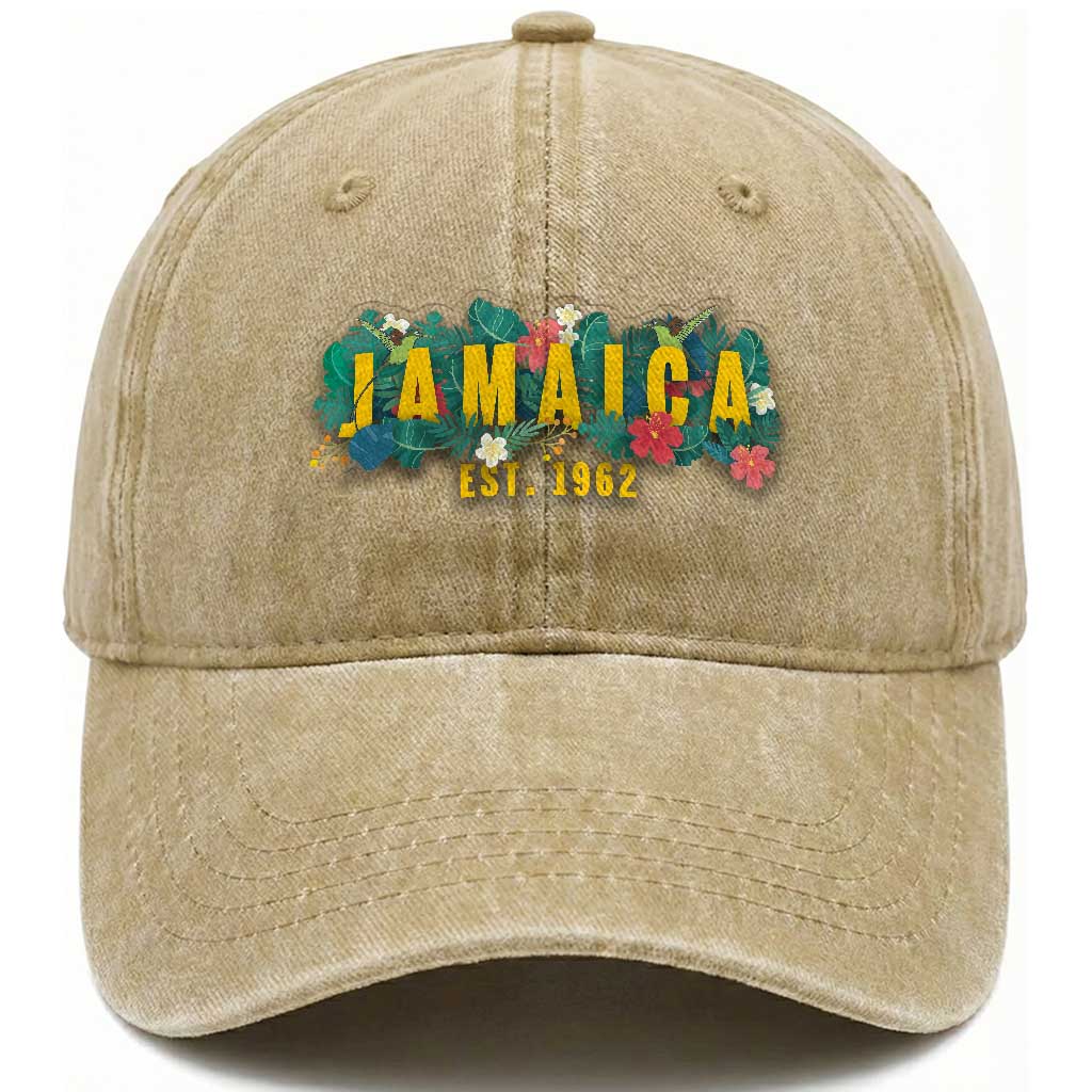 Jamaica Est 1962 Tropical Independence Washed Cotton Baseball Cap Doctor Bird and Hibiscus Botanical Travel Souvenir TS02 Print Your Wear