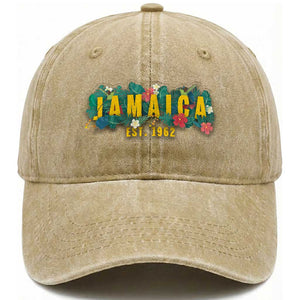 Jamaica Est 1962 Tropical Independence Washed Cotton Baseball Cap Doctor Bird and Hibiscus Botanical Travel Souvenir TS02 Print Your Wear