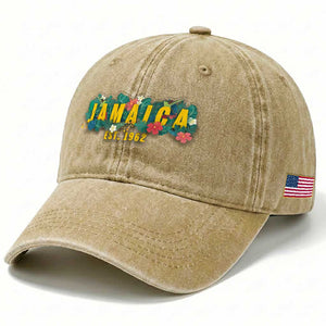 Jamaica Est 1962 Tropical Independence Washed Cotton Baseball Cap Doctor Bird and Hibiscus Botanical Travel Souvenir TS02 Print Your Wear