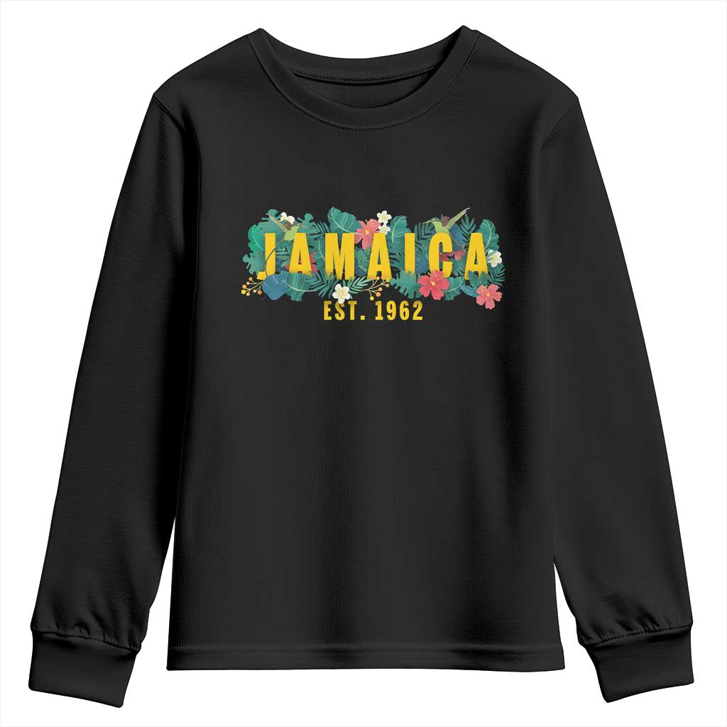 Jamaica Est 1962 Tropical Independence Youth Sweatshirt Doctor Bird and Hibiscus Botanical Travel Souvenir TS02 Black Print Your Wear