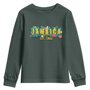 Jamaica Est 1962 Tropical Independence Youth Sweatshirt Doctor Bird and Hibiscus Botanical Travel Souvenir TS02 Dark Forest Green Print Your Wear