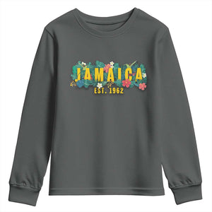Jamaica Est 1962 Tropical Independence Youth Sweatshirt Doctor Bird and Hibiscus Botanical Travel Souvenir TS02 Dark Heather Print Your Wear
