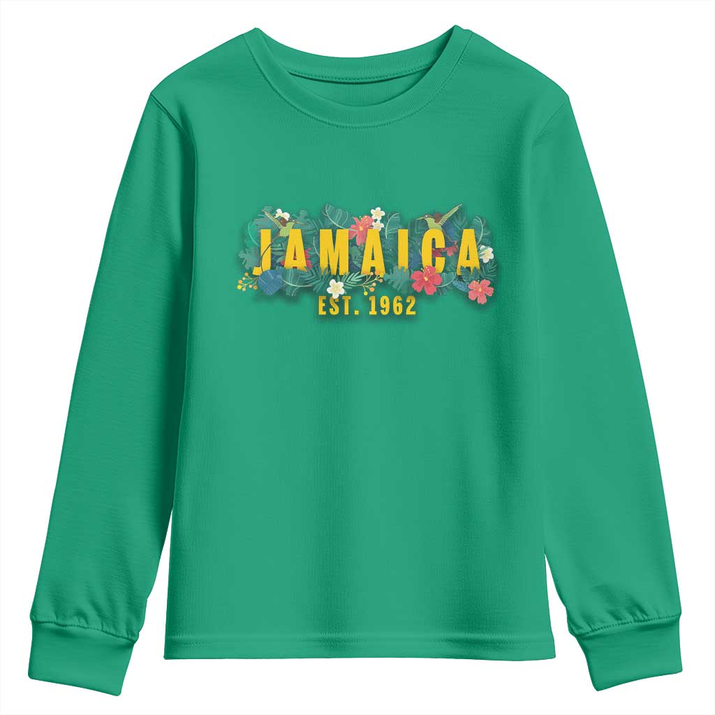 Jamaica Est 1962 Tropical Independence Youth Sweatshirt Doctor Bird and Hibiscus Botanical Travel Souvenir TS02 Irish Green Print Your Wear