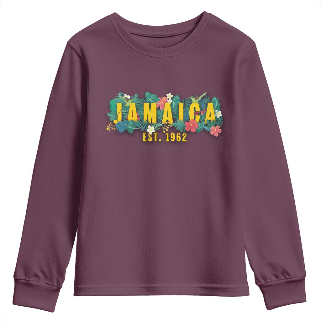 Jamaica Est 1962 Tropical Independence Youth Sweatshirt Doctor Bird and Hibiscus Botanical Travel Souvenir TS02 Maroon Print Your Wear
