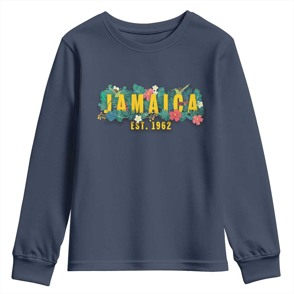 Jamaica Est 1962 Tropical Independence Youth Sweatshirt Doctor Bird and Hibiscus Botanical Travel Souvenir TS02 Navy Print Your Wear