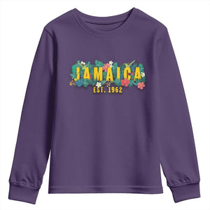Jamaica Est 1962 Tropical Independence Youth Sweatshirt Doctor Bird and Hibiscus Botanical Travel Souvenir TS02 Purple Print Your Wear