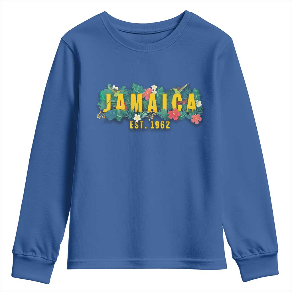 Jamaica Est 1962 Tropical Independence Youth Sweatshirt Doctor Bird and Hibiscus Botanical Travel Souvenir TS02 Royal Blue Print Your Wear
