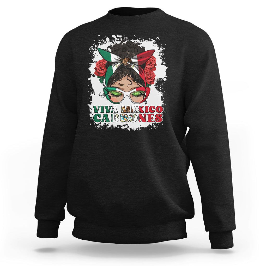 Mexican Independence Day Sweatshirt Viva Mexico Cabrone Messy Bun Latino Hispanic Mexican Flag TS02 Black Printyourwear