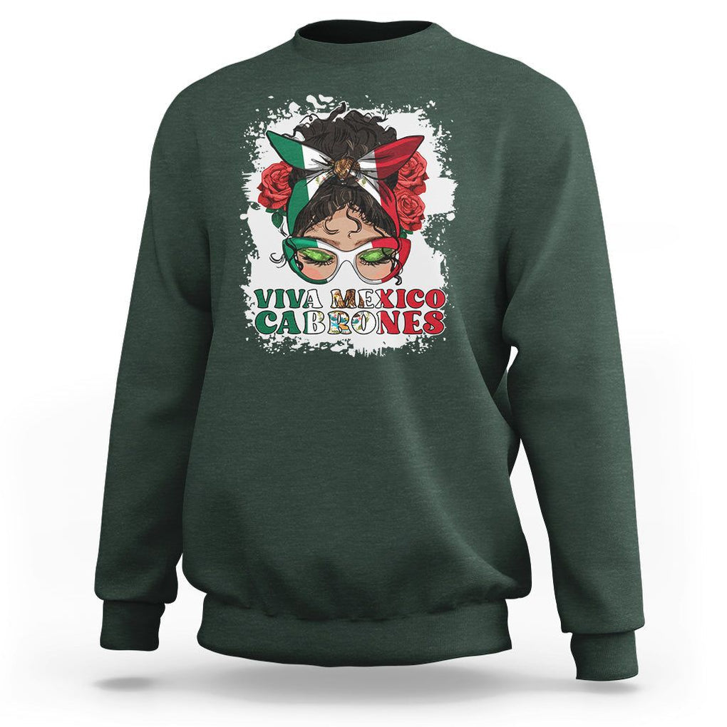 Mexican Independence Day Sweatshirt Viva Mexico Cabrone Messy Bun Latino Hispanic Mexican Flag TS02 Dark Forest Green Printyourwear