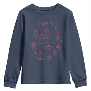My Favorite Gym Teacher and English Teacher Are Getting Married Youth Sweatshirt Retro Coquette Bow Wedding Love Story TS02 Navy Print Your Wear