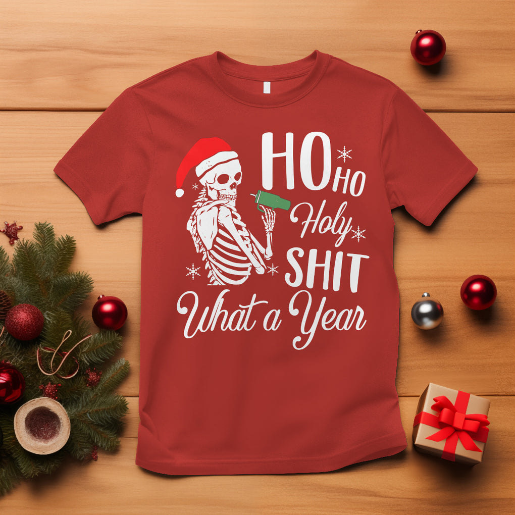 Skeleton Christmas T Shirt Ho Ho Holy Shit What A Year Funny Boujee Xmas Vibe TS02 Red Printyourwear