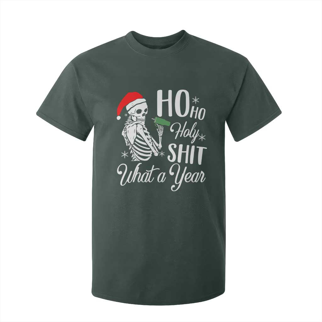 Skeleton Christmas T Shirt For Kid Ho Ho Holy Shit What A Year Funny Boujee Xmas Vibe TS02 Dark Forest Green Print Your Wear