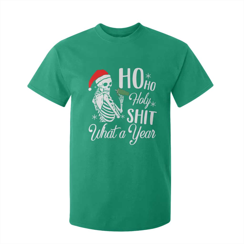 Skeleton Christmas T Shirt For Kid Ho Ho Holy Shit What A Year Funny Boujee Xmas Vibe TS02 Irish Green Print Your Wear