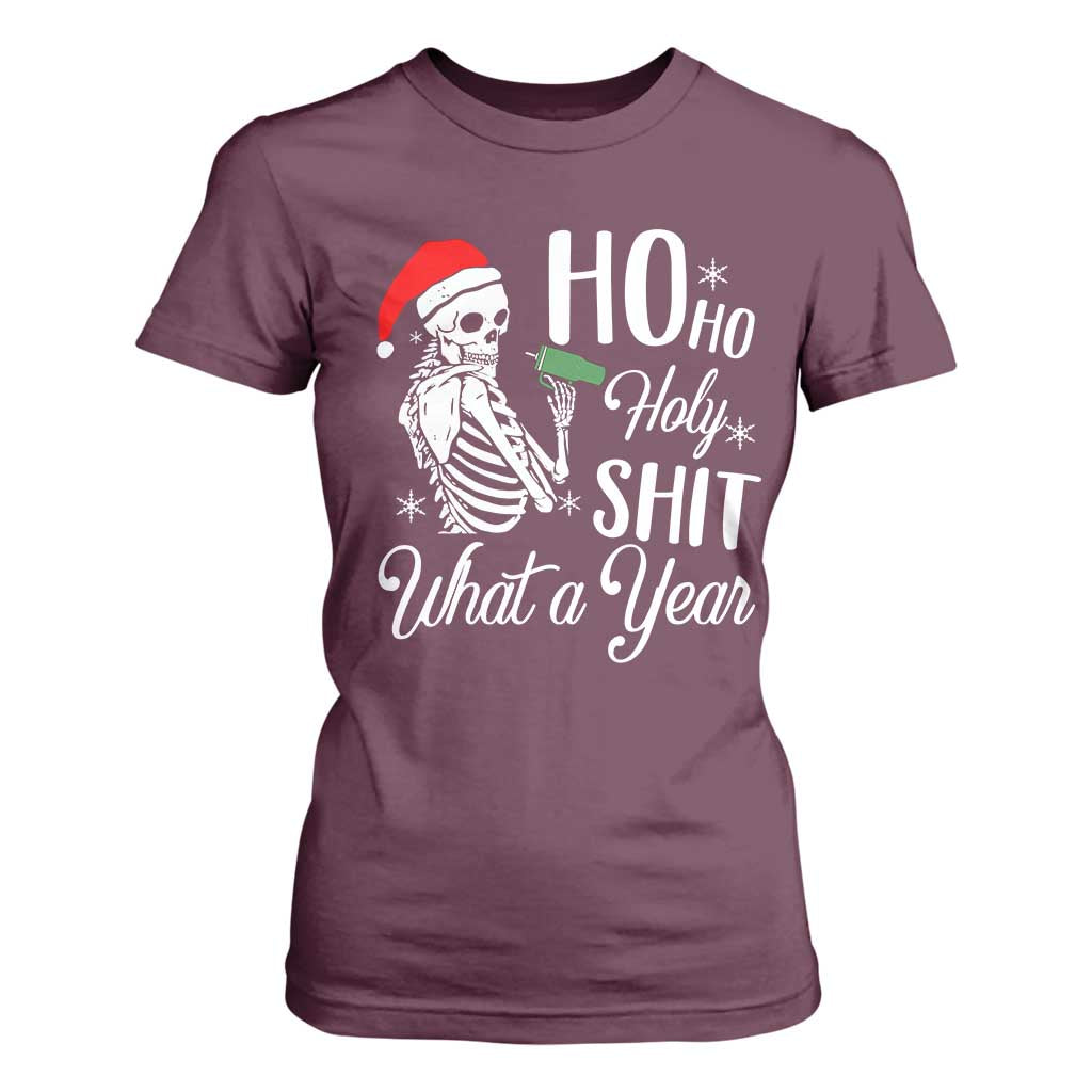 Skeleton Christmas T Shirt For Women Ho Ho Holy Shit What A Year Funny Boujee Xmas Vibe TS02 Maroon Print Your Wear