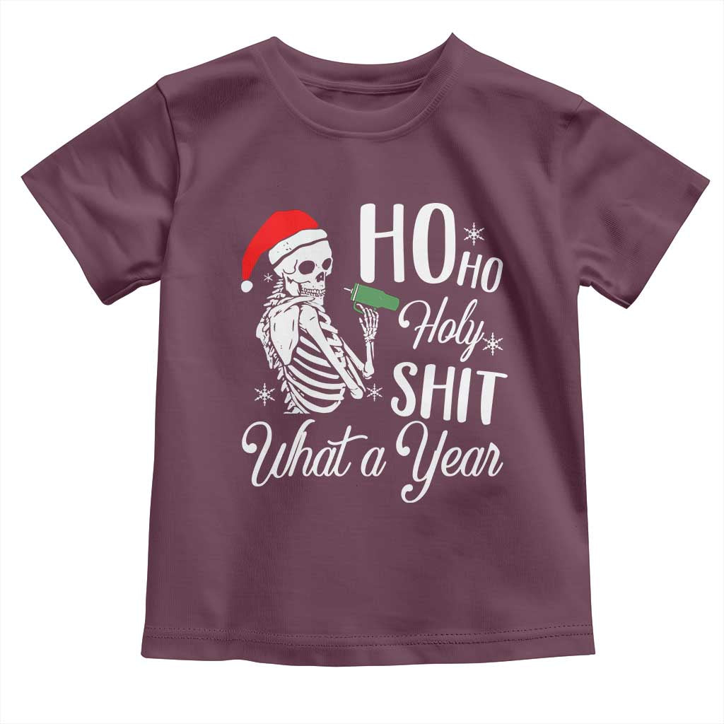 Skeleton Christmas Toddler T Shirt Ho Ho Holy Shit What A Year Funny Boujee Xmas Vibe TS02 Maroon Print Your Wear