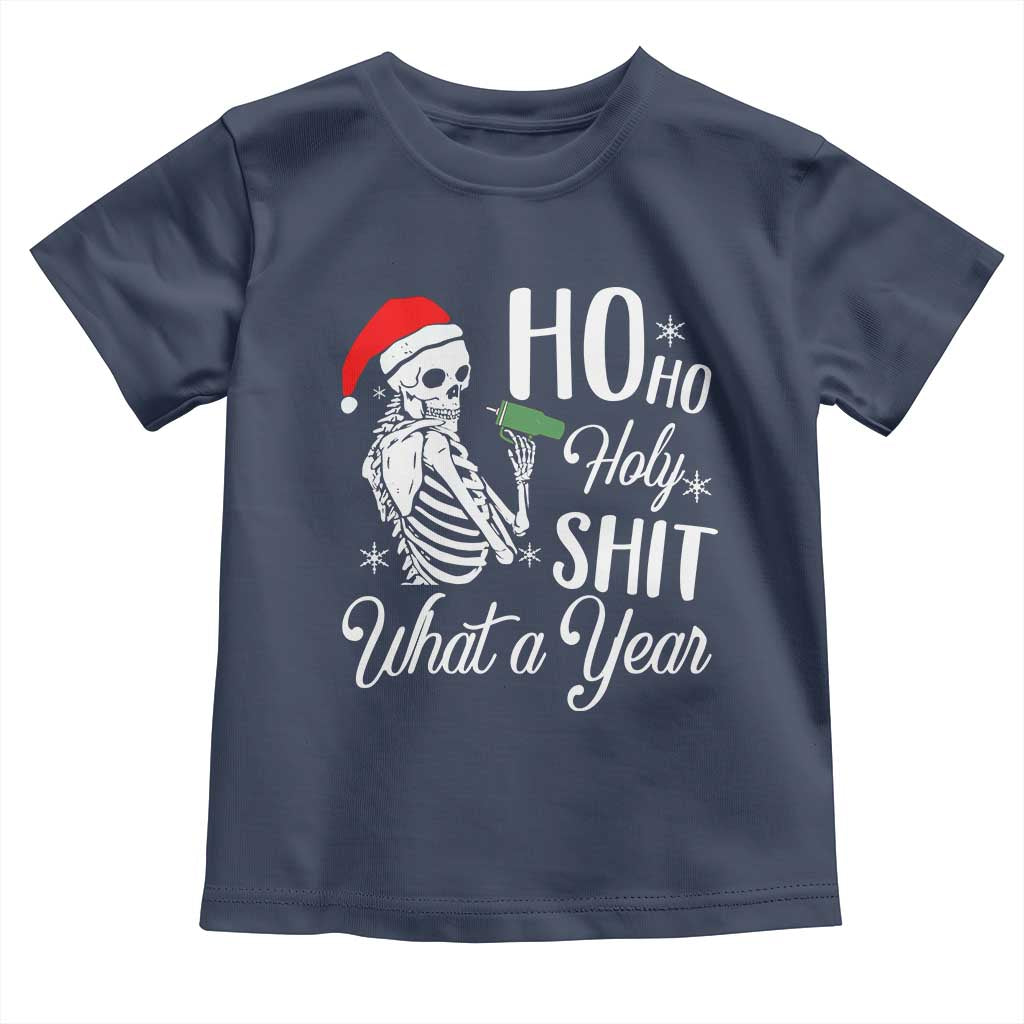 Skeleton Christmas Toddler T Shirt Ho Ho Holy Shit What A Year Funny Boujee Xmas Vibe TS02 Navy Print Your Wear