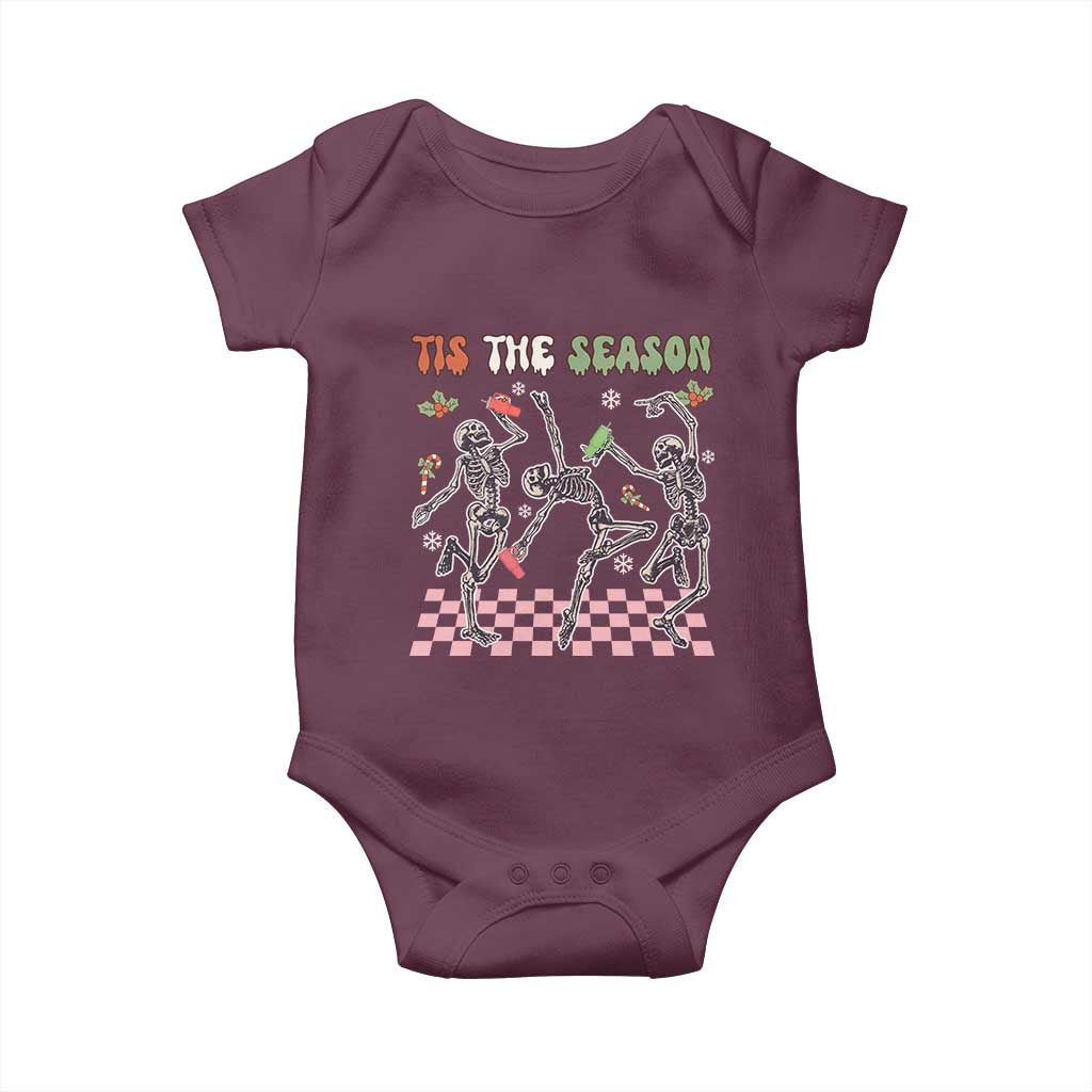 Dancing Skeleton Christmas Baby Onesie Tis The Season Retro Boujee Xmas Vibe TS02 Maroon Print Your Wear