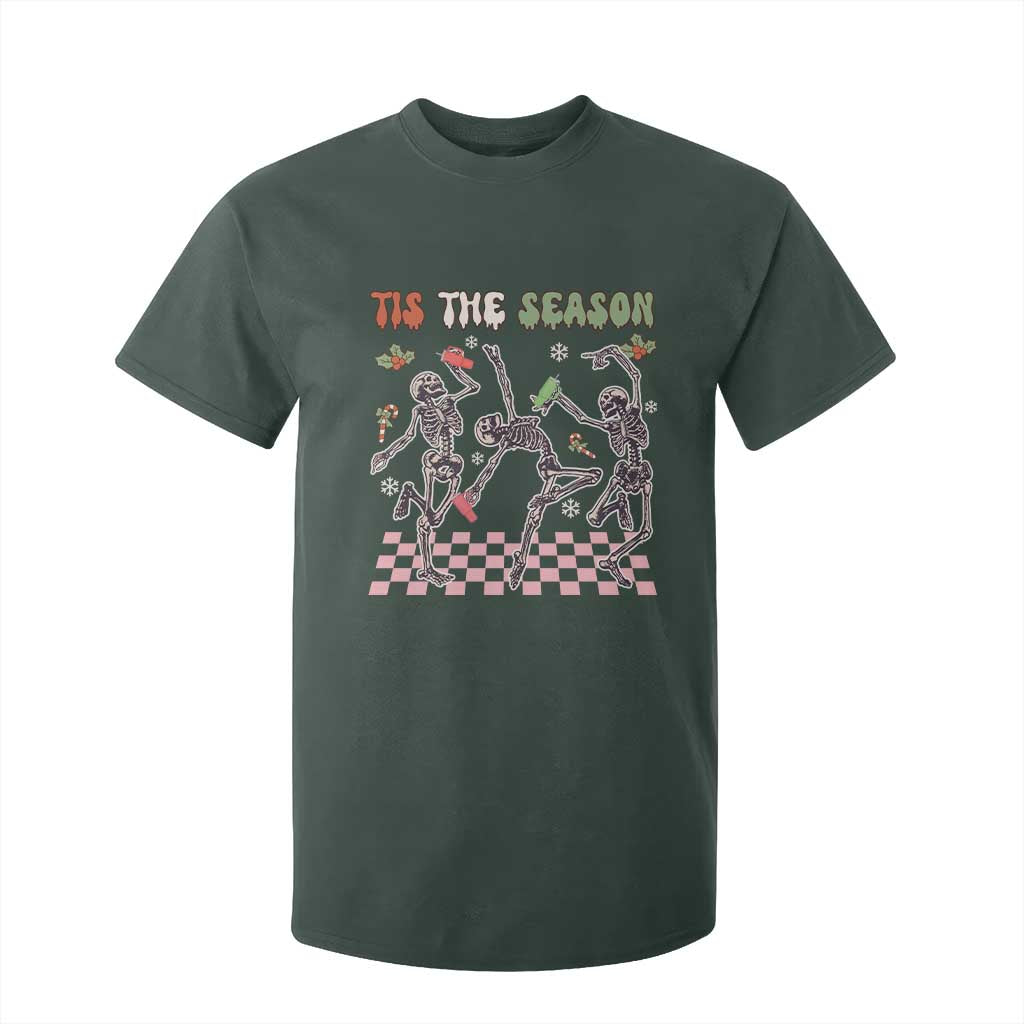 Dancing Skeleton Christmas T Shirt For Kid Tis The Season Retro Boujee Xmas Vibe TS02 Dark Forest Green Print Your Wear
