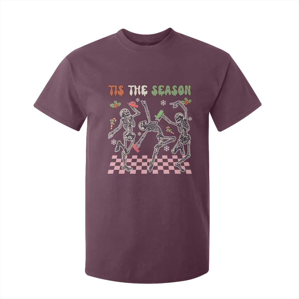 Dancing Skeleton Christmas T Shirt For Kid Tis The Season Retro Boujee Xmas Vibe TS02 Maroon Print Your Wear