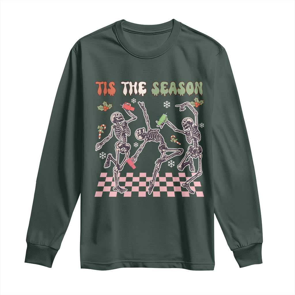 Dancing Skeleton Christmas Long Sleeve Shirt Tis The Season Retro Boujee Xmas Vibe TS02 Dark Forest Green Print Your Wear