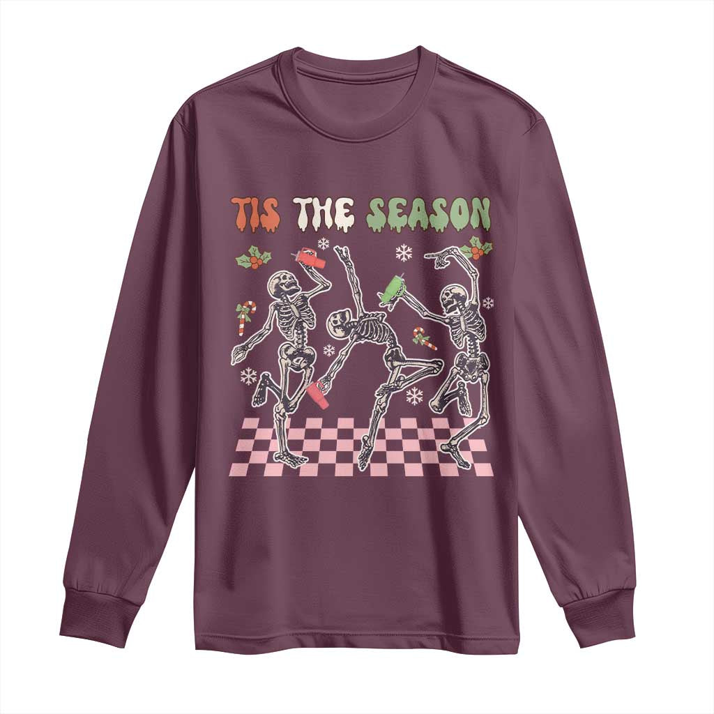 Dancing Skeleton Christmas Long Sleeve Shirt Tis The Season Retro Boujee Xmas Vibe TS02 Maroon Print Your Wear