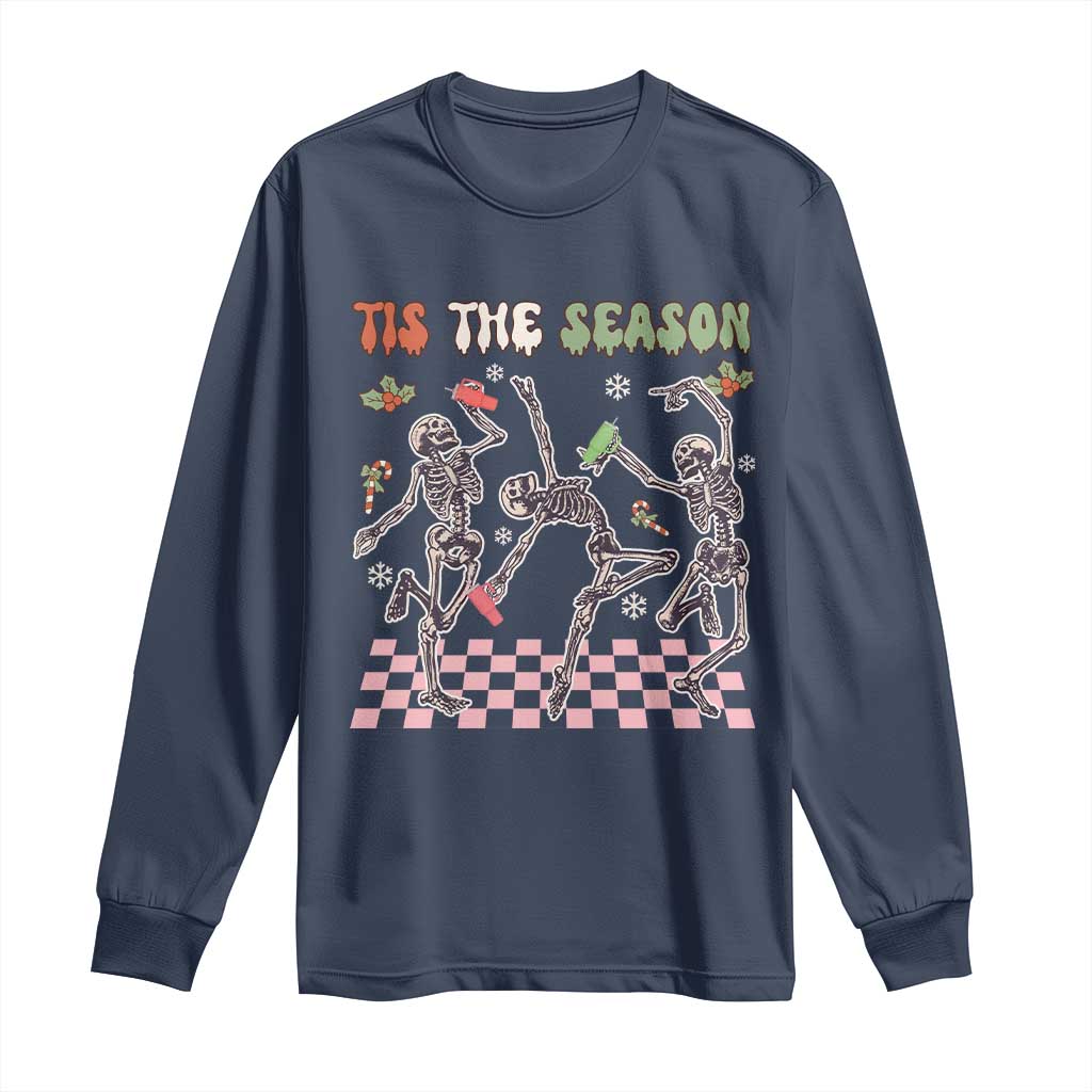 Dancing Skeleton Christmas Long Sleeve Shirt Tis The Season Retro Boujee Xmas Vibe TS02 Navy Print Your Wear