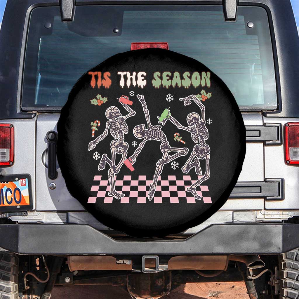 Dancing Skeleton Christmas Spare Tire Cover Tis The Season Retro Boujee Xmas Vibe TS02 No hole Black Print Your Wear