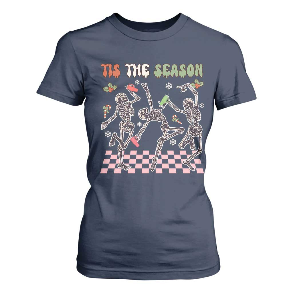 Dancing Skeleton Christmas T Shirt For Women Tis The Season Retro Boujee Xmas Vibe TS02 Navy Print Your Wear