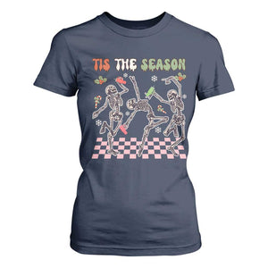 Dancing Skeleton Christmas T Shirt For Women Tis The Season Retro Boujee Xmas Vibe TS02 Navy Print Your Wear