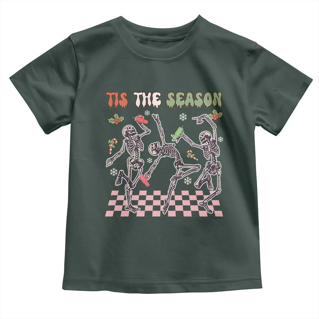 Dancing Skeleton Christmas Toddler T Shirt Tis The Season Retro Boujee Xmas Vibe TS02 Dark Forest Green Print Your Wear