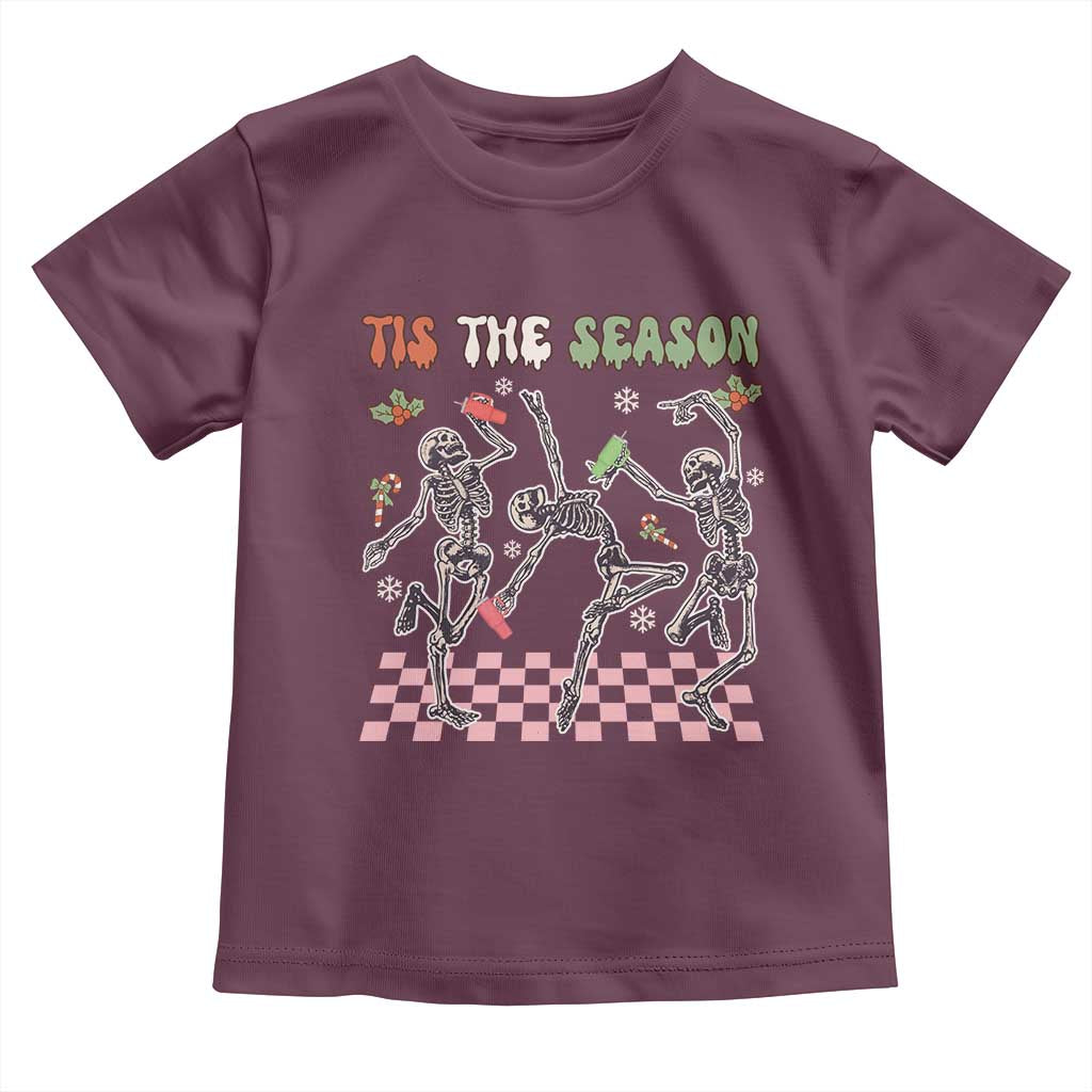 Dancing Skeleton Christmas Toddler T Shirt Tis The Season Retro Boujee Xmas Vibe TS02 Maroon Print Your Wear