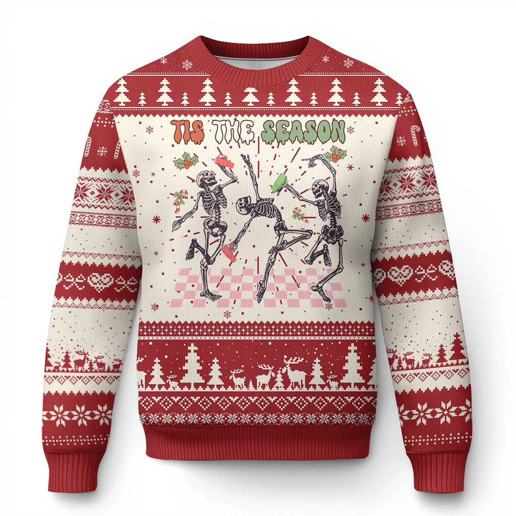 Dancing Skeleton Christmas Ugly Christmas Sweater Tis The Season Retro Boujee Xmas Vibe TS02 Red Print Your Wear