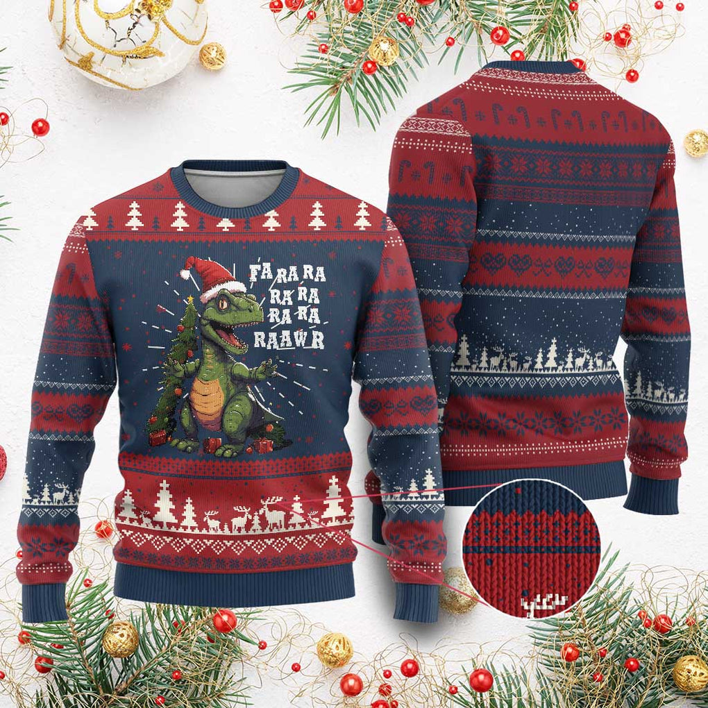Dinosaur Christmas Ugly Christmas Sweater Fa Ra Ra Ra Rawr Xmas Tree Santa Rex Lover TS02 Burgundy Print Your Wear